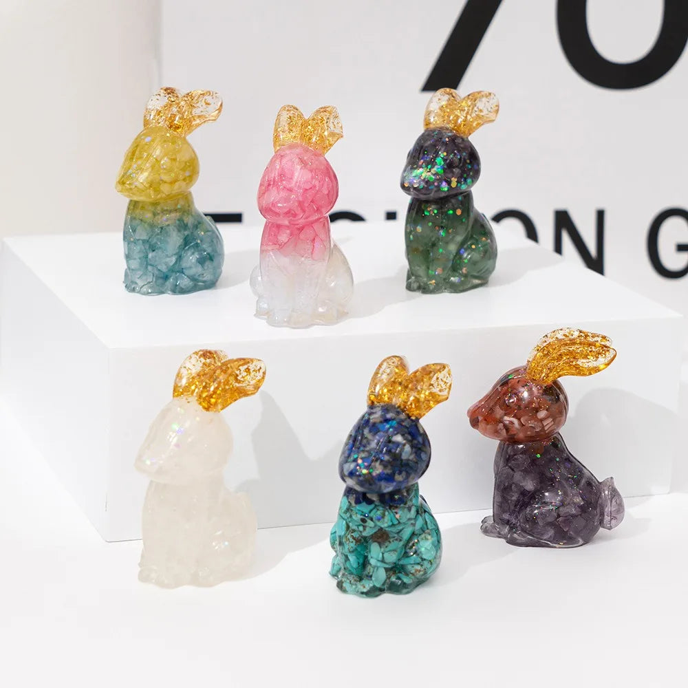 Rainbow Cute Rabbit Crystal Carving Natural Gravel Crystal Shiny Rabbit for Home Office Car Decoration Crafts Gift