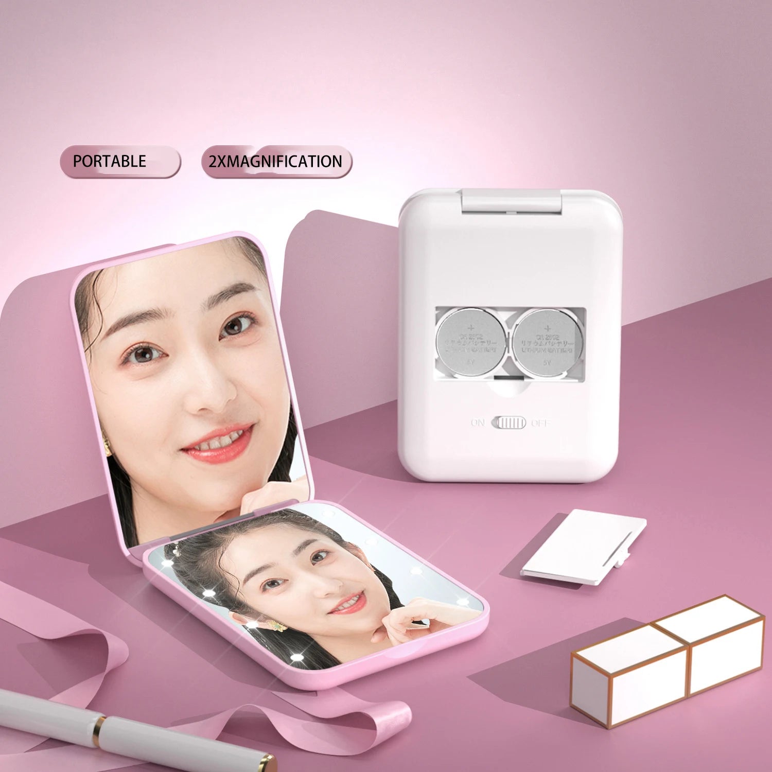 Zonyin Custom Logo Abs Plastic Folding Portable Makeup Mirror Private Label Travel Led Light Compact Pocket Mirror