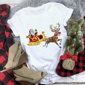 Merry Christmas Women's Fashion Santa Claus with Deer Women O-Neck Top Girls Lucky Deer T-shirts Harajuku Short Sleeve Casual