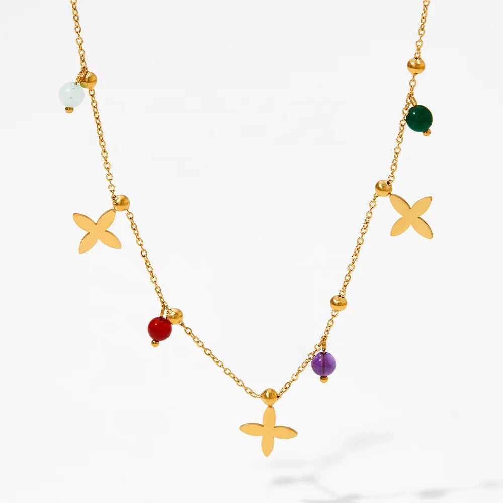 Trendy Bohemian Beaded Colorful Natural Stone Gold Plated Stainless Steel Waterproof Charm Necklace Jewelry Tarnish Free for