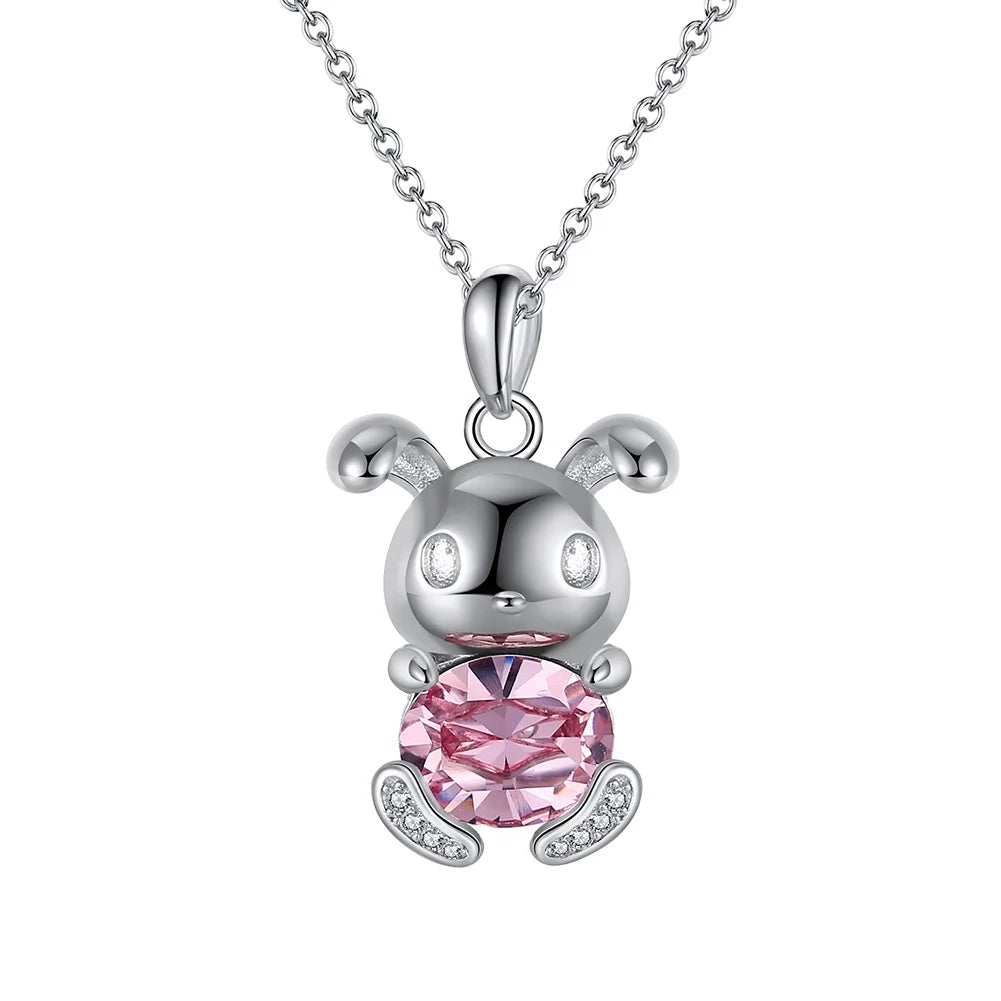 RINNTIN SSWN19 Fine Sterling Silver 925 Jewellery Animal Crystal Necklace Pink Crystal Rabbit Necklace for Women