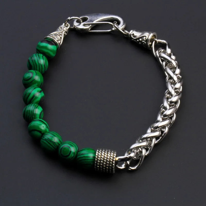 Men's Volcanic Stone tiger Stone Stainless Steel Chain  Bracelet 8 mm Beads Jewelry for Boys