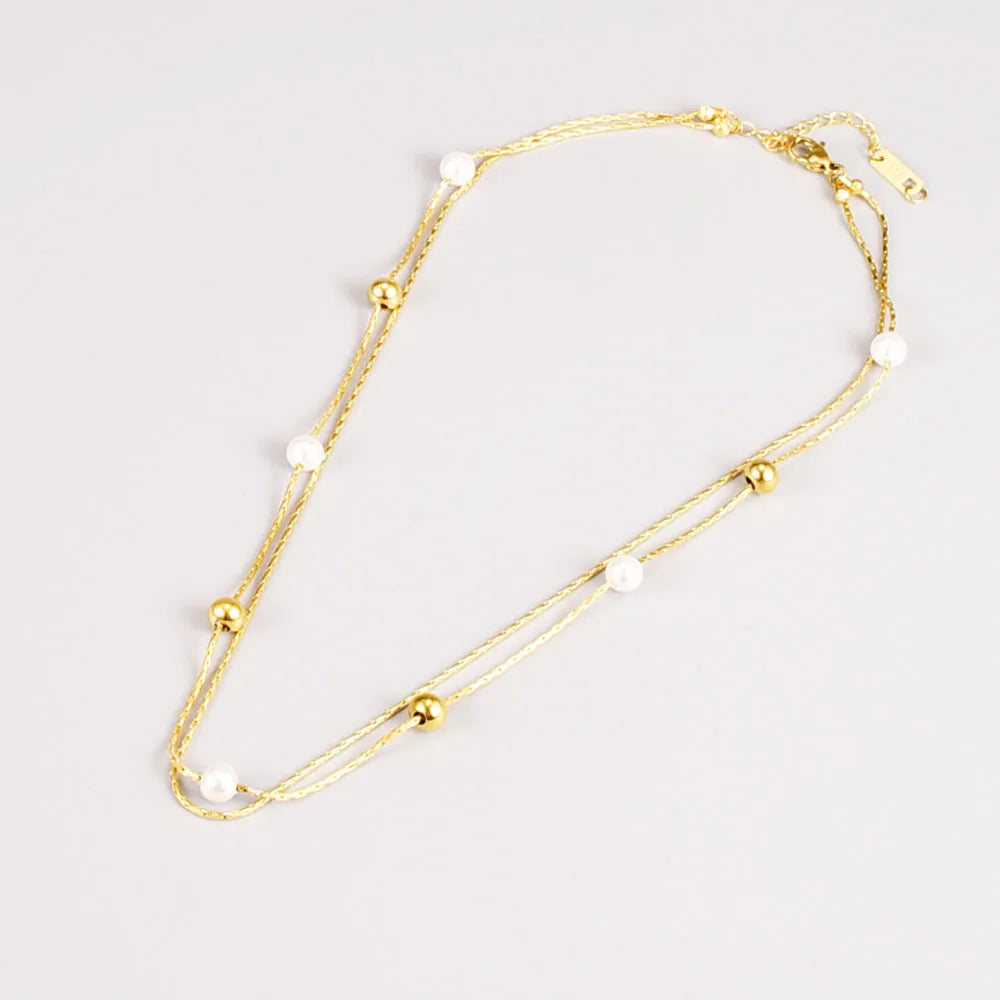 Woman New Fashion Non-tarnish Stainless Steel 18k Gold Chain with White Plastic Pearl Ball Bead Double Layers Choker Necklace