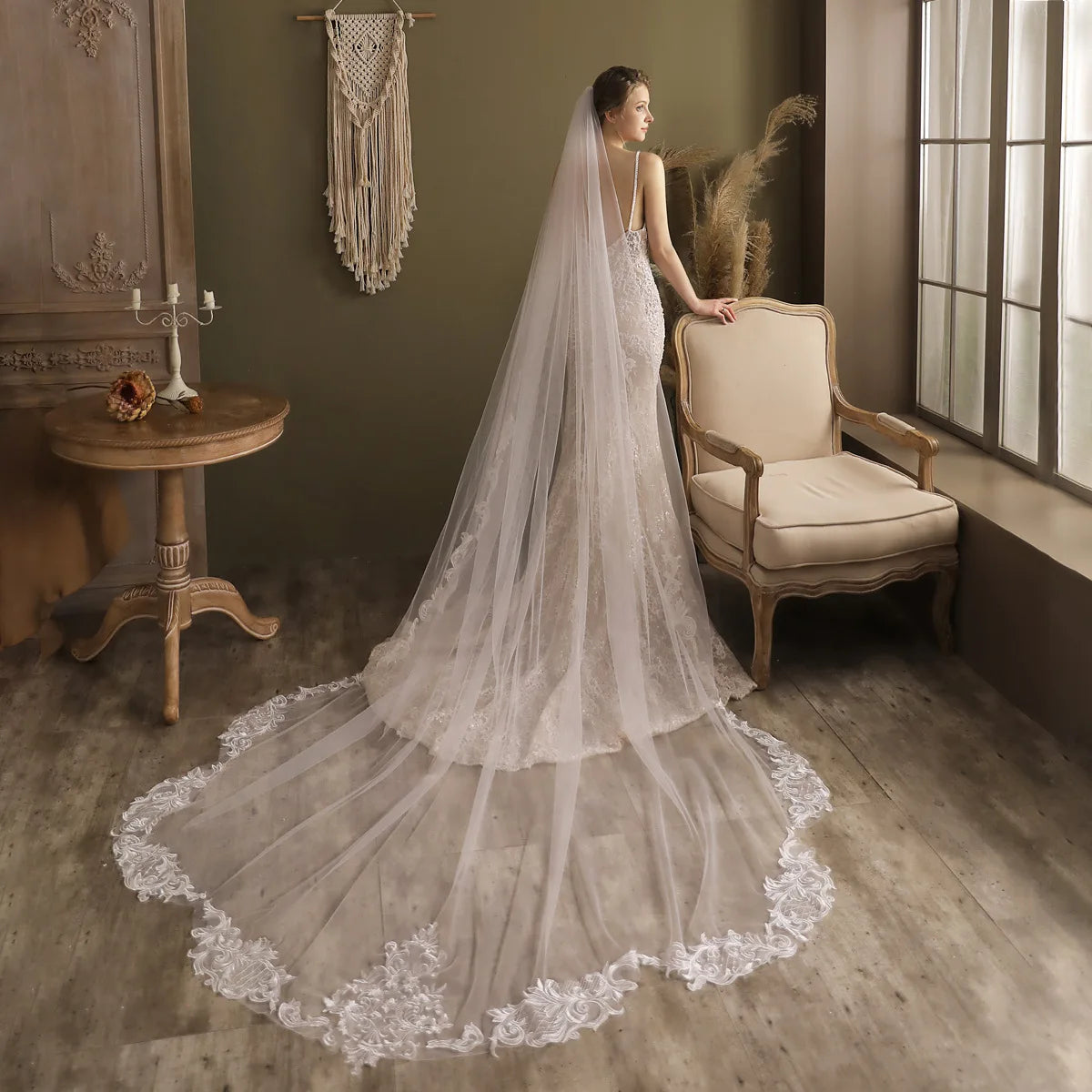 SLBRIDAL One-Layers White Lace Flower Cathedral Bridal Veils With Combs Wedding Veils Wedding Wear Accessories for Bride Mariage