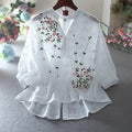 New Women Girls Flowers Embroidery O-Neck Short Ruffle Sleeve Hollow Out Shirts Floral Slim Tops T-shirt Casual Shirt