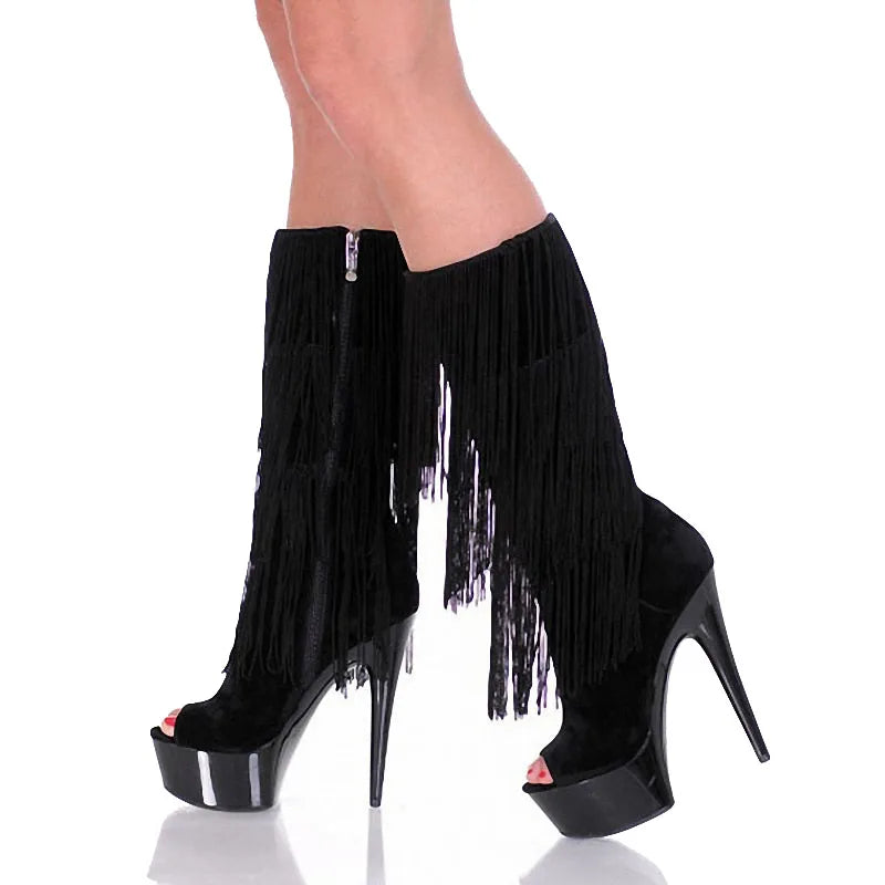 Black Stiletto Tassel High Heels 15 Cm Platform Queen's Pole Dance High Heels Long Women Boots Stripper Platform High Heels PU