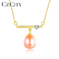 CZCITY 925 Sterling Silver Pendant Bar Link Chain Jewelry Gold Plated Dainty Natural Pearl Necklace