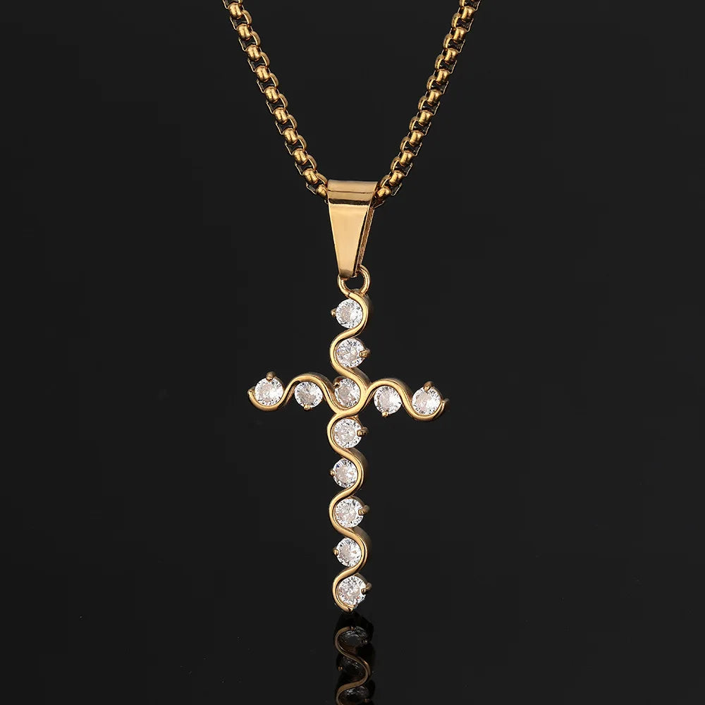 Fatingna Fashion Stainless Steel Cross Pendant Hip Hop Style Gold Cubic Zircon Necklace with Shiny Zircon