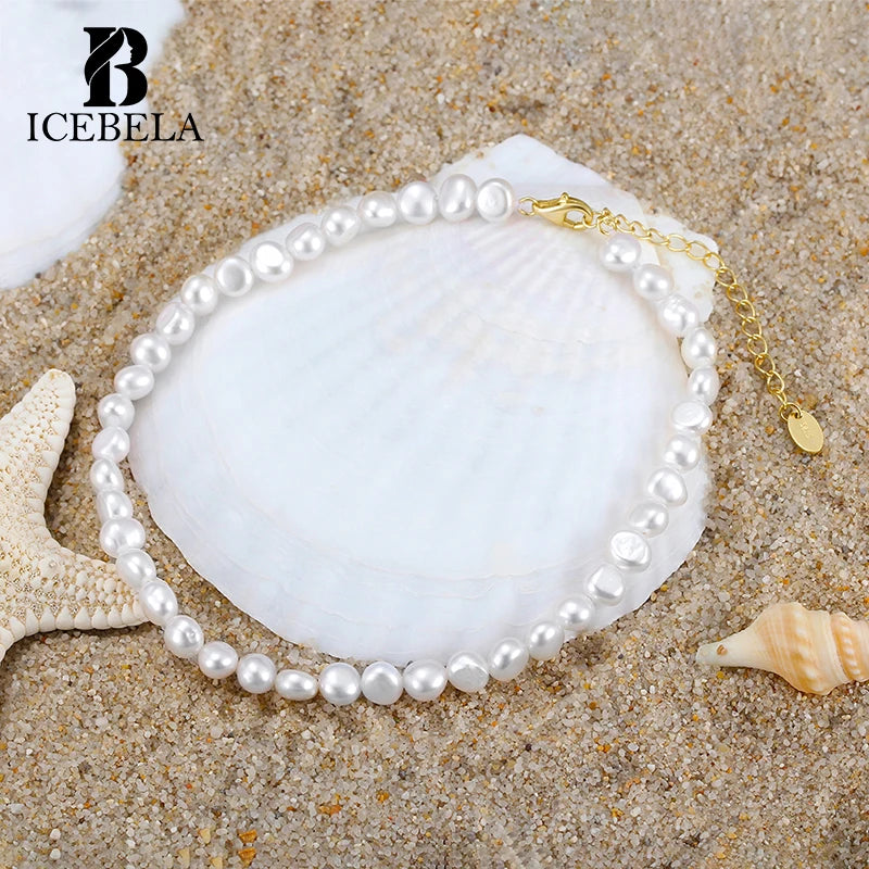 ICEBELA Silver Gold Natural Freshwater Pearls Chain Anklet Beach Foot Jewelry Adjustable Chain Anklet for Women