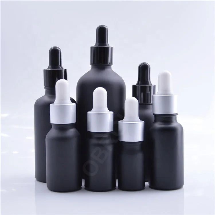 Dedicated Matte Frosted Black Glass Bottle with Cardboard Tube Serum Measuring Cosmetic Packaging Beard Oil Glass Dropper