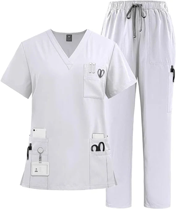 72% Polyester 21% Viscose 7% Spandex 200G V-Neck Multiple Pockets V-Neck Quick Drying Medical Scrub Uniform