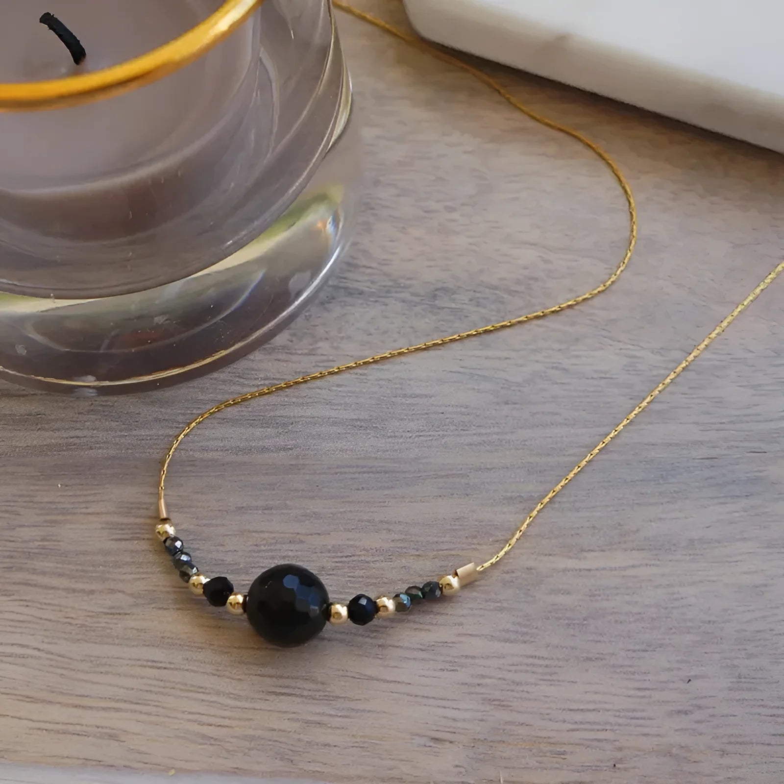 Dainty Natural Stone Bead Black Tourmaline Necklace Pendant Fashion Power Necklaces Stainless Steel Chain Jewelry Gift