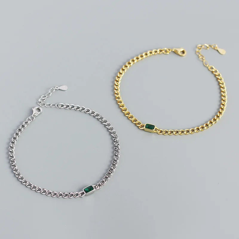Hot Selling INS S925 Sterling Silver Crystal Chain Bracelet Real Gold Plated Rectangle Emerald 925 Chain Bracelet for Women