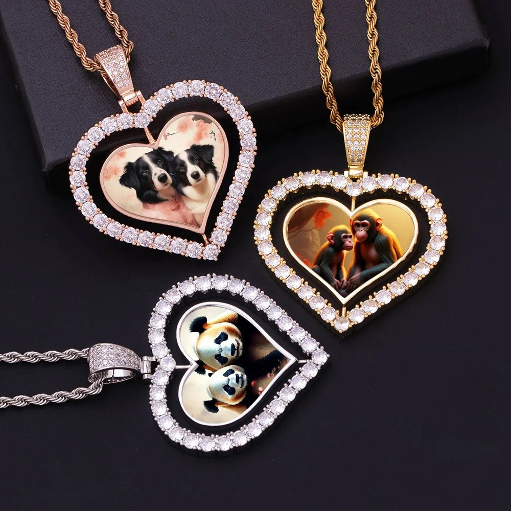 Iced Out Fashion Sublimation Heart Shape Memory Picture Pendant Hip Hop Rotating Double Side Heart Frame Photo Necklaces Jewelry