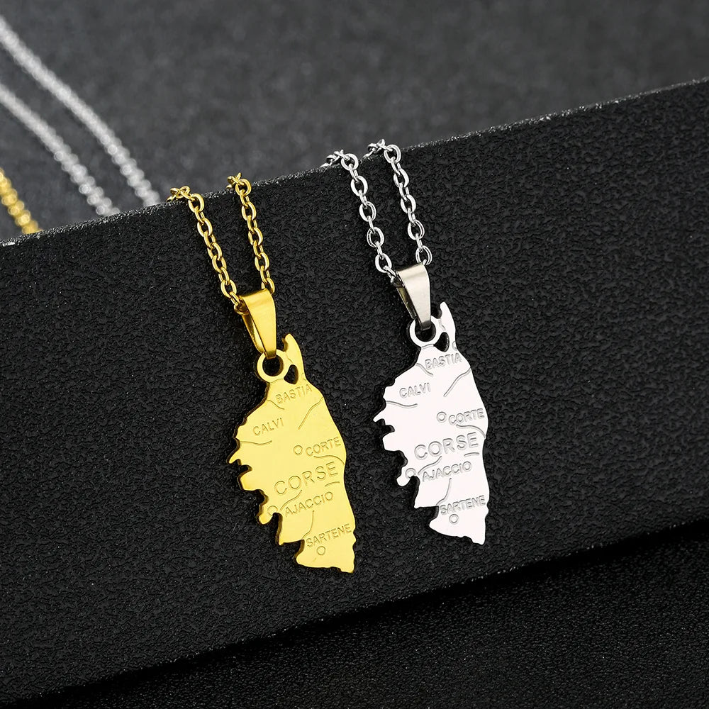 Stainless Steel France Corsica Island Map Chain Necklace 18K Gold Plated Enamel La Corse Flag Map Korsika Pendant Chain Necklace