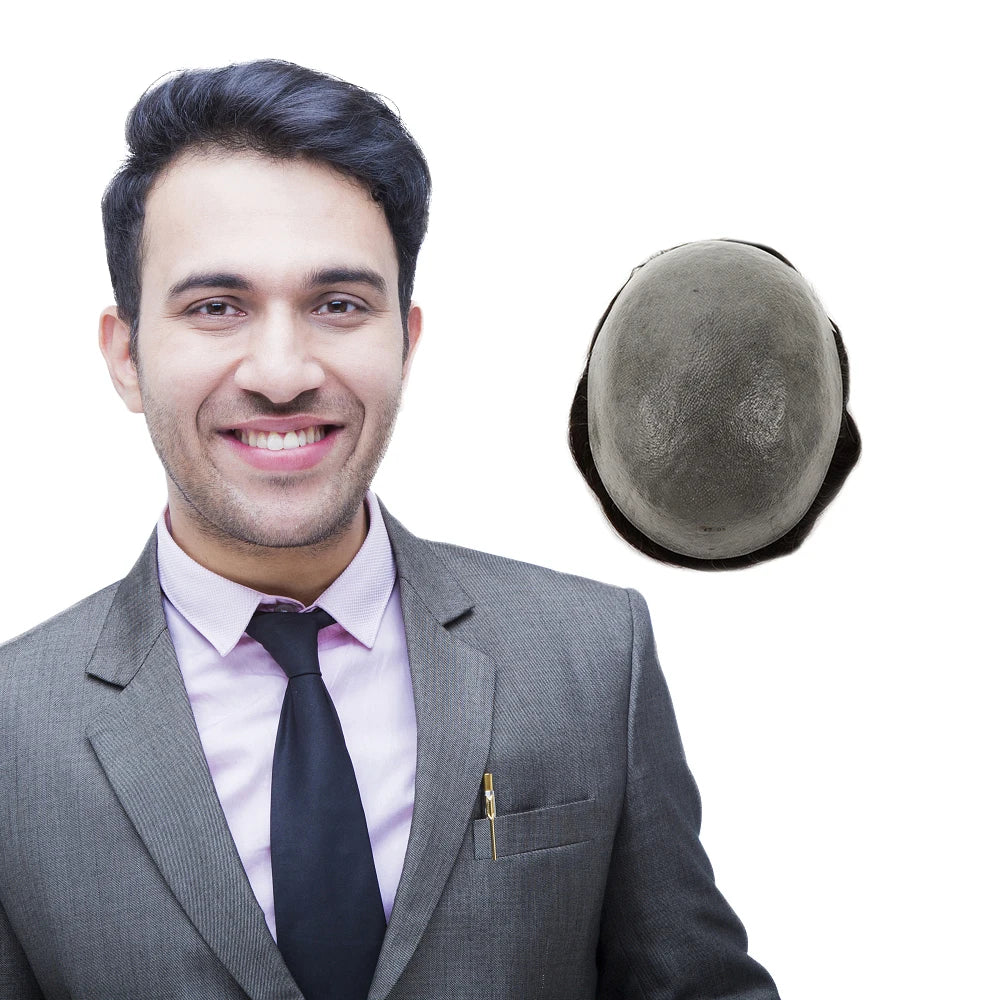 Stock Super Thin Skin Pu Men Human Hair Toupee Patch Hair Replacement Systems for Men