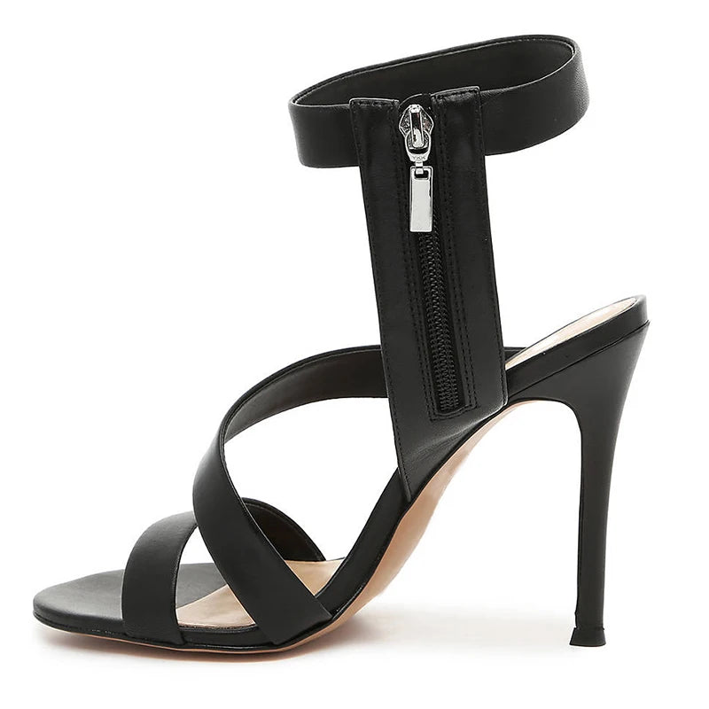 Trendy Round Toe Black Stiletto Ankle Zipper High Heels Women Sandals Summer Party Wear Large Size