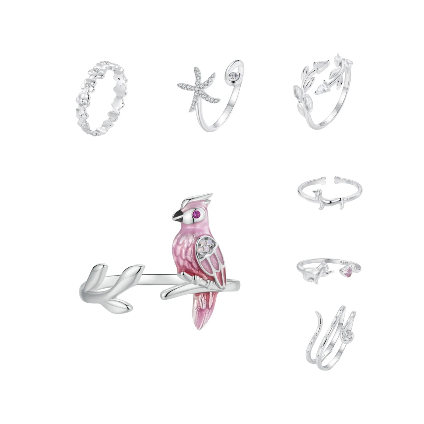 Fashion Sterling Silver Jewelry Rings Fine Jewelry Making Zirconia Pink Cute Animal Leaf Flower Octopus Starfish Cat Cuff Rings