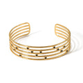 Fashionable Stainless Steel 18K Gold Plated Five Lines Hollow Out Black Enamel Open Cuff Bangles for Women