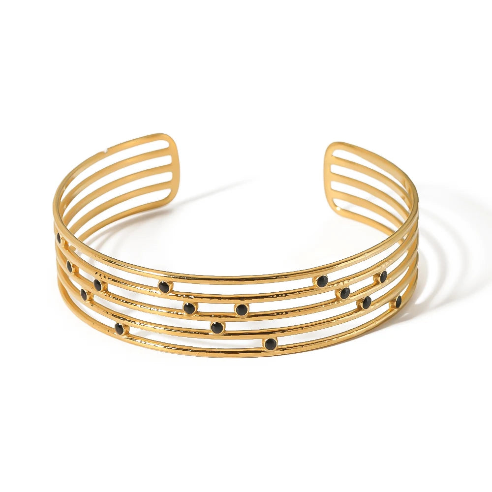 Fashionable Stainless Steel 18K Gold Plated Five Lines Hollow Out Black Enamel Open Cuff Bangles for Women