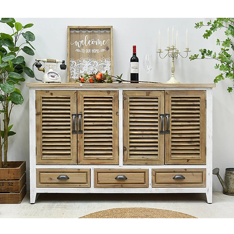 INNOVA HOME 2024 Chinese Rustic Shutter Door Design Solid Wood Furniture Kitchen Dining Room 3 Drawer Storage Cabinet