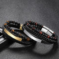 Multilayer Gold Plated Stainless Steel Magnetic Clasp Leather Bracelet Braid Leather Lava Volcanic Stone Bead Bracelet for Men