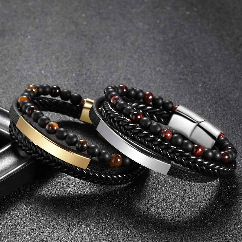 Multilayer Gold Plated Stainless Steel Magnetic Clasp Leather Bracelet Braid Leather Lava Volcanic Stone Bead Bracelet for Men