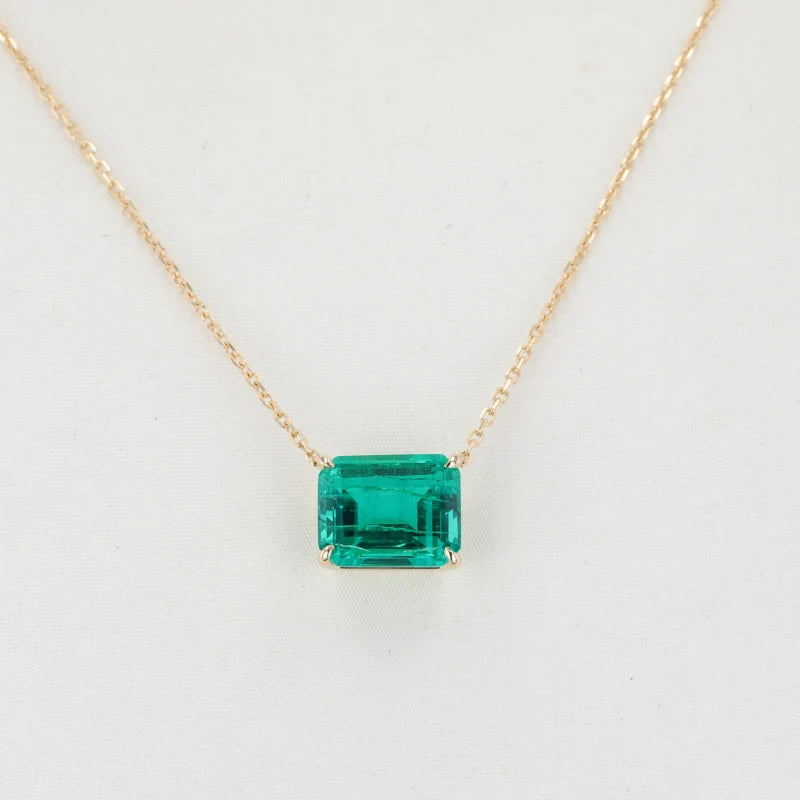 14K Yellow Gold Pendant Necklace 8x10mm Emerald Cut Colombian Color Lab Created Emerald Women Jewelry