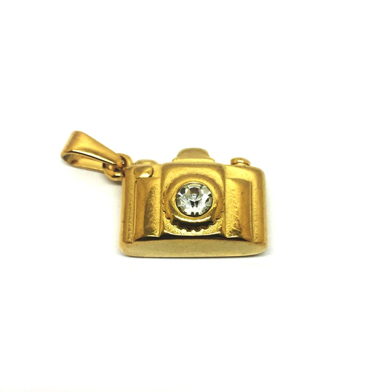 18K Gold Camera Charms Jewelry Stainless Steel Rhinestone Travel Camera Shape Pendant for Women Necklace