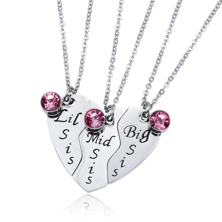 Stainless Steel Matching Big Middle Little Sister Family Charm Necklace Broken Heart Three Puzzle Pendant Enamel Jewelry