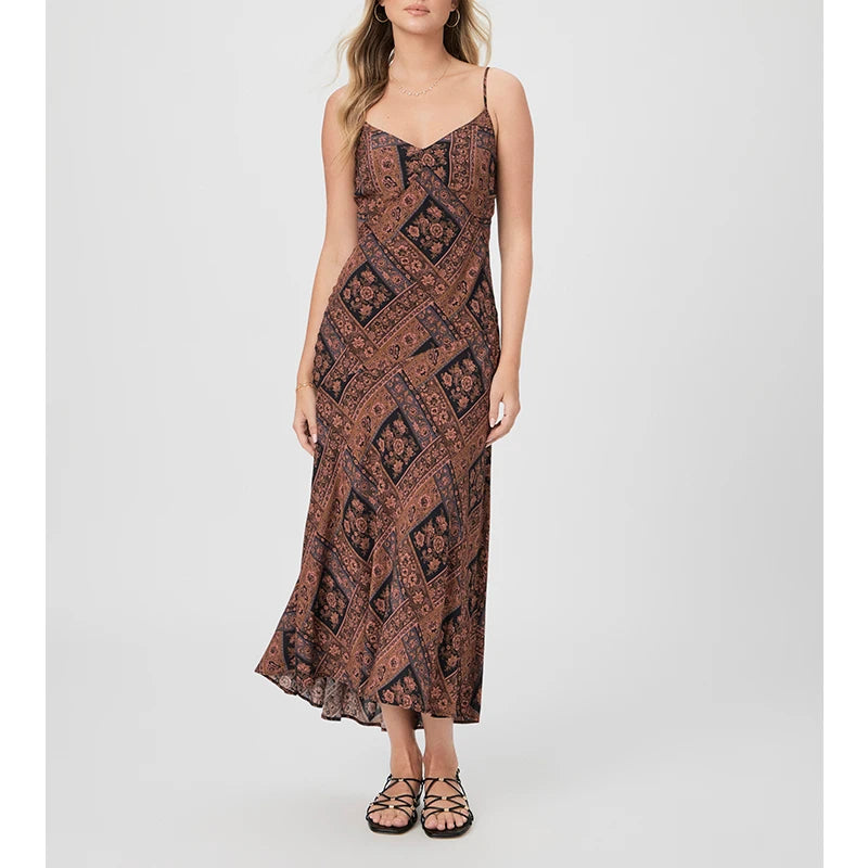 Collection American Niche Bohemian Ethnic Style Retro Printed Slip Skirt 100% Cotton Satin Floral Natural Front Plus Size for