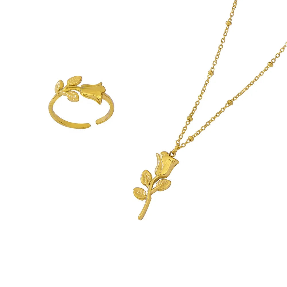 Pendant Necklace Female Clavicle Necklace Flower Ring Stainless Steel Jewelry Set