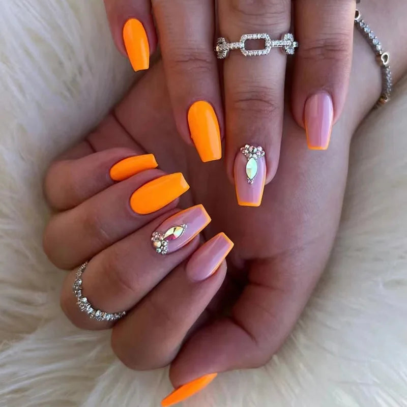 Wholesale French Medium Length Orange Bling Rhinestone Gel Nails Press on Nails Fingernails Fake Nails Artificial with Diamond