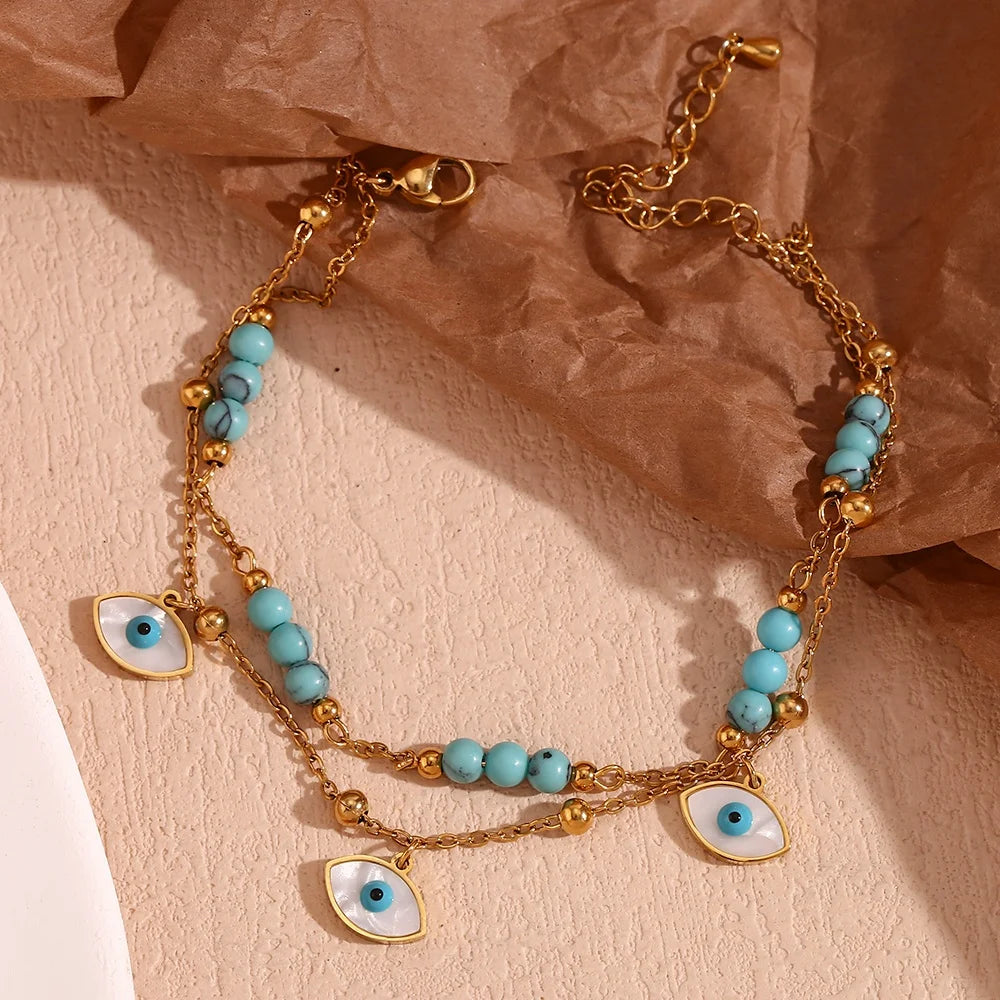 Turquoise Evil Eye Anklet Double Layer Gold Plated Jewelry Stainless Steel Anklets for Women