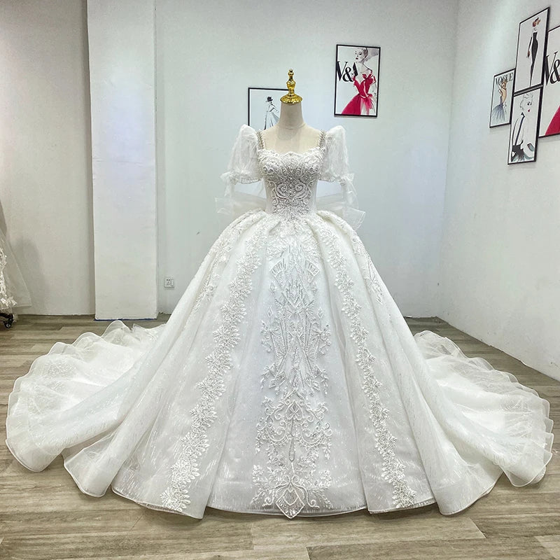 Jancember Wm001 Pearls Luxury Square Collar Short Sleeve Ball Gown Wedding Dresses Bridal Gowns