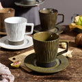 Vintage INS Style Ceramic Cappuccino Coffee Mug and Saucer Set Vertical Stripe Rustic Reusable Coarse Pottery Afternoon Tea Cup