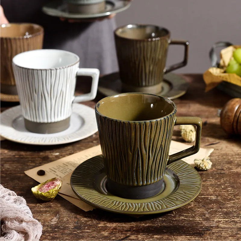 Vintage INS Style Ceramic Cappuccino Coffee Mug and Saucer Set Vertical Stripe Rustic Reusable Coarse Pottery Afternoon Tea Cup