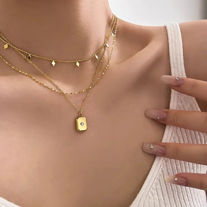 18K Gold-plated Stainless Steel Double-layer Octagonal Star Pendant Necklace for Women's Fashion Jewelry Suitable for Parties