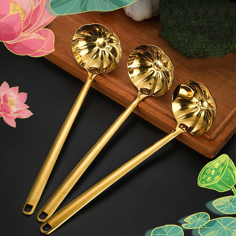 Creative Lotus Shape Long Handle Soup Ladle 304 Stainless Steel Hot Pot Colander Kitchen Accessory Dishwasher Safe Oven Safe