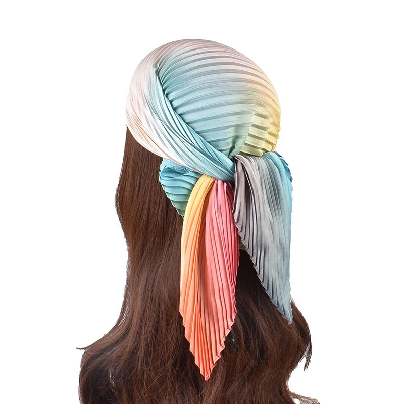 MIO 70*70cm Fashion Printed Head Scarf Wrap for Women Gradient Color Pleated Square Scarf Elegant Wrinkled Bandana Scarf