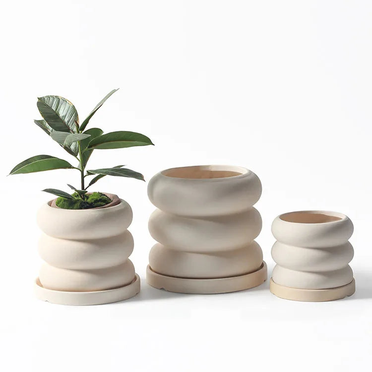 Custom Beige Stacked Round Ceramic Succulents Flower Pots for Home & Garden Contemporary Style