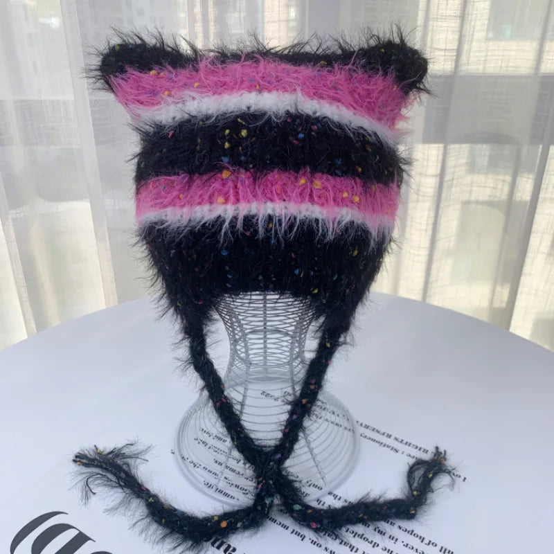 Custom Mink Plush Hat Funny Cat Hat Mohair Stripe Winter Warm Ear Flap Beanie for Women