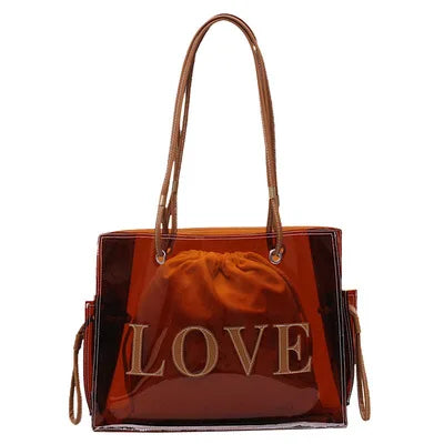 Summer 2 in 1 Transparent PVC Tote Bag Women Handbags Large Capacity Waterproof Beach Bag with Small Pouch Set for Women Ladies