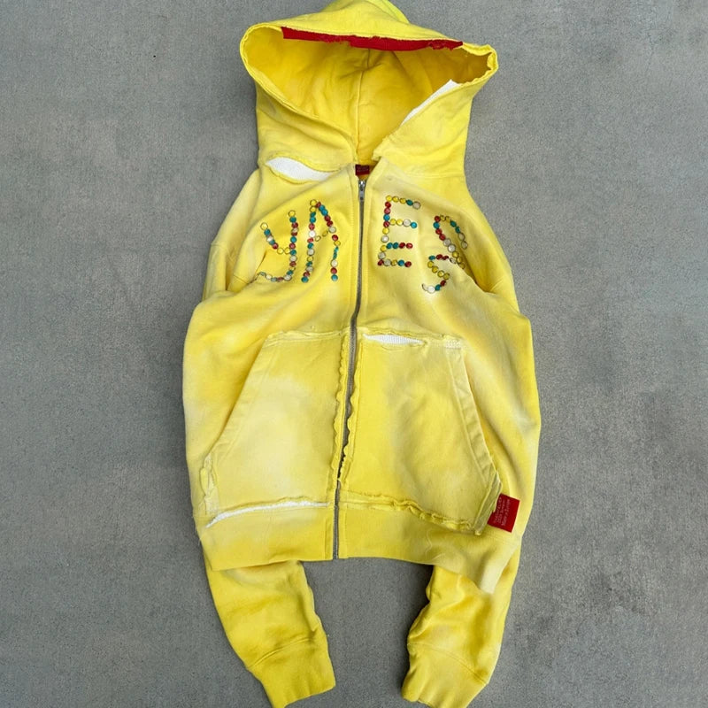 Men's Vintage Regular Fit Heavyweight 100% Cotton French Terry Waffle Eco-Friendly Breathable Hoodie with Rhinestone Design