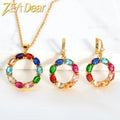 Fashion Cubic Zirconia Women Colourful Crystal Gold Plated Pendants Bridal Necklace Earrings Jewelry Sets