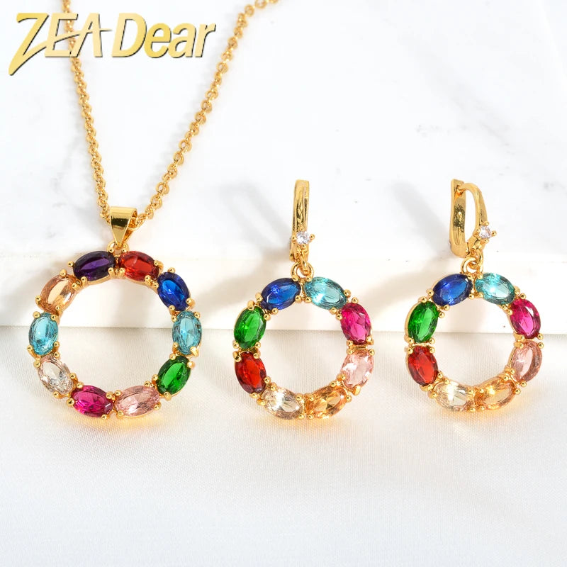 Fashion Cubic Zirconia Women Colourful Crystal Gold Plated Pendants Bridal Necklace Earrings Jewelry Sets