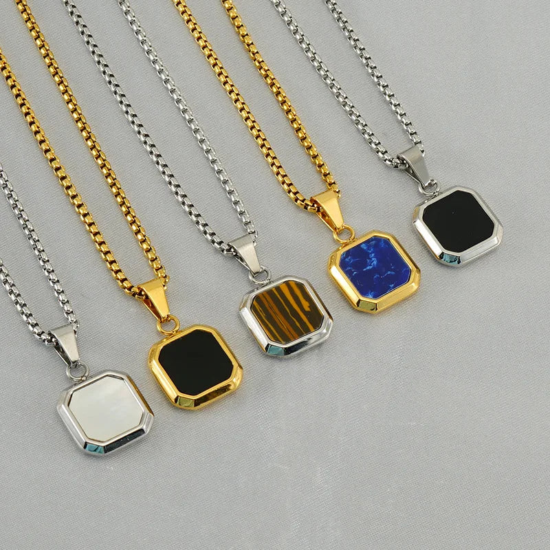 Vintage Square Shape Howlite Stone Pendant Necklace 18K Gold Plated Stainless Steel Shell Charms Jewelry Necklace for Men