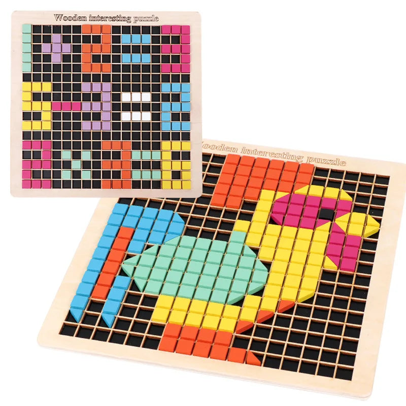 Children Wooden 3D DIY Pixel Desktop Jigsaw Blocks Puzzle Montessori Educational Colorful Cognitive Interactive Toys for Kids