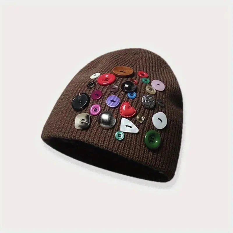 Colorful Buttons Knitted Beanie Y2K Handmade Skull Caps for Women Men Big Head Beanie Hats Winter Outdoor Warm