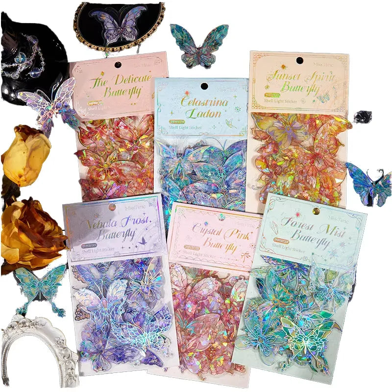 20Pcs Ice Crystal Shell Light Butterfly Stickers Crystal Pink Butterfly Series Journal Decorative Source Material Into 6 Models